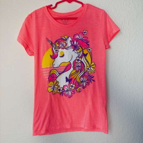 Two Children's Place Girls Glitter Unicorn Shirts in Pink and Coral, Size 7/8 - Picture 6 of 9